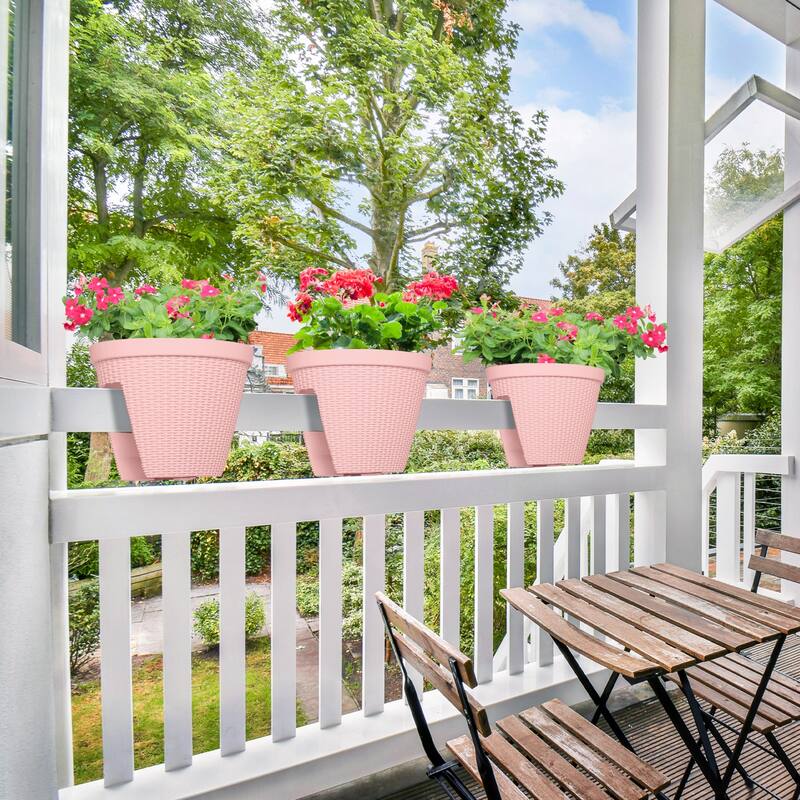 Aoodor 12'' Balcony Rattan Pattern Railing Planter Box with Drainage Holes and Adjustable Brackets-Set of 4 - 12''×11''