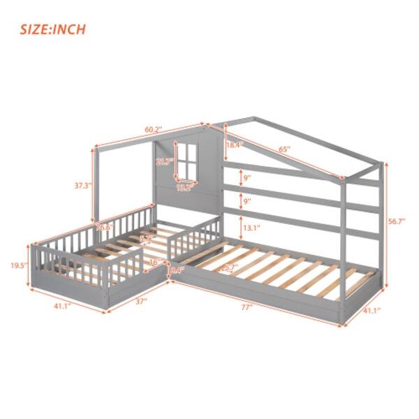 L Structure 2 Twin Wood House Bed with Fence and Slatted Frame, Grey