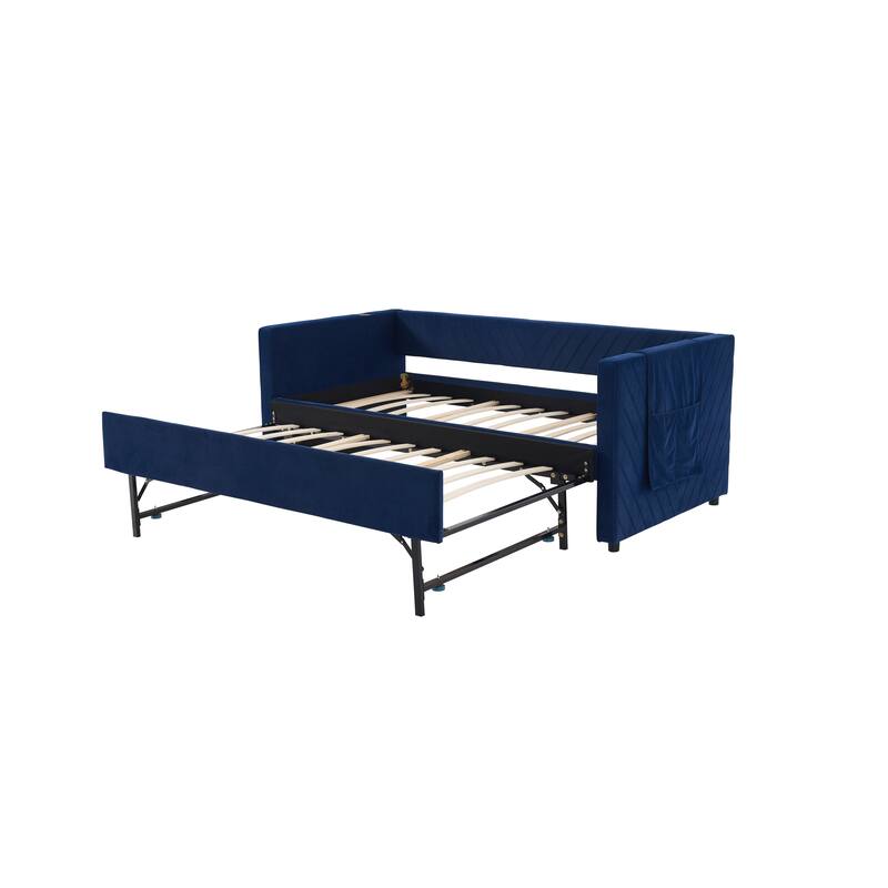 Twin Size Velvet Daybed with Trundle, USB Charging Port & Side Pockets, Modern Upholstered Sofa Bed with V-Pattern Backrest