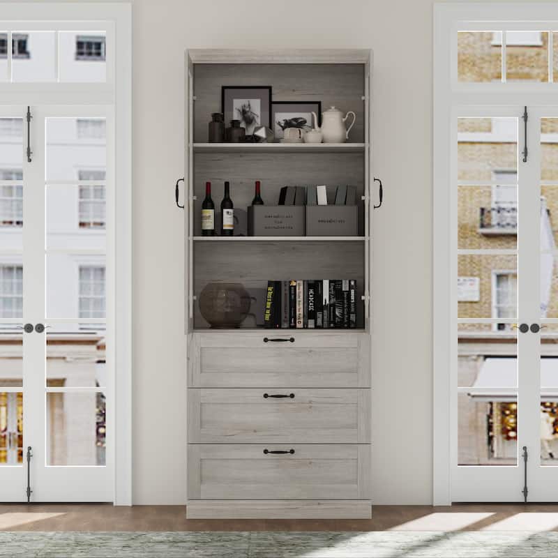 Bookcase Cabinet with Glass Doors and Drawers Multi-Purpose Storage Display Hutch for Living Room or Dining Room