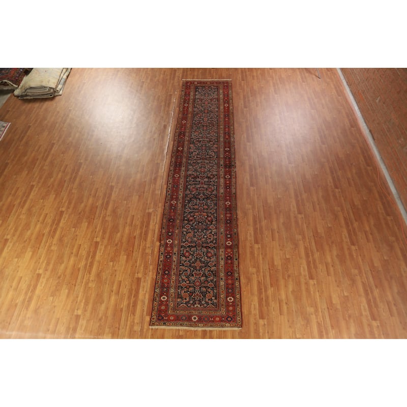 Hand Knotted Oriental 100% Wool Carpet Traditional All-Over Navy Blue & Blues Malayer Runner Rug - 16' 9'' X 3' 7''