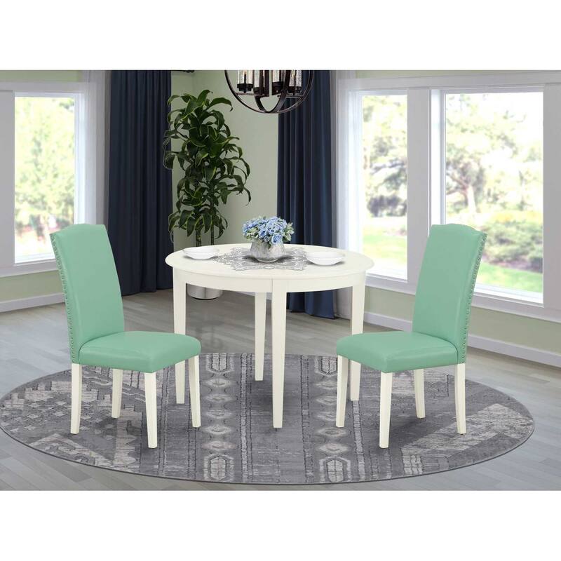 Round Dining Table Set 3pc French Country Kitchen Table & Chairs Linen White Legs Pond PU Leather