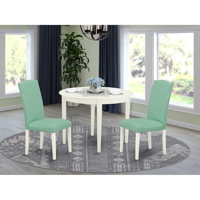 Round Dining Table Set 3pc French Country Kitchen Table & Chairs Linen White Legs Pond PU Leather
