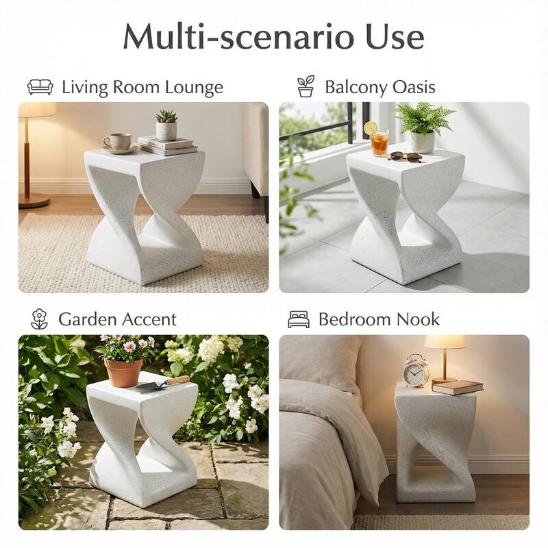 Outdoor White Marble Modern Twisted-Base Terrazzo-Speckled All-Weather MGO Side Table, Indoor End Table for Home