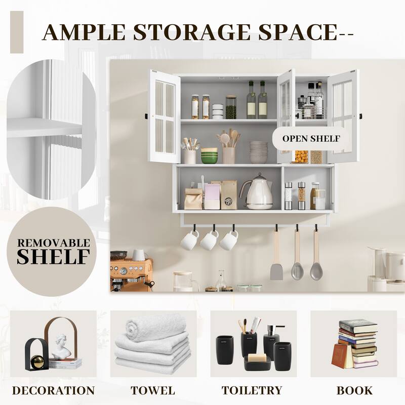 3-Door Bathroom Wall Cabinet with Glass Door, Towel Bar & Storage