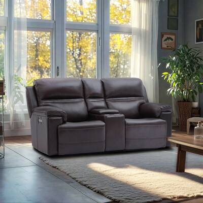 Genuine Leather Dual Power LoveSeat with Console, Adjustable Headrest, Footrest, USB/Type-C & Zero Gravity