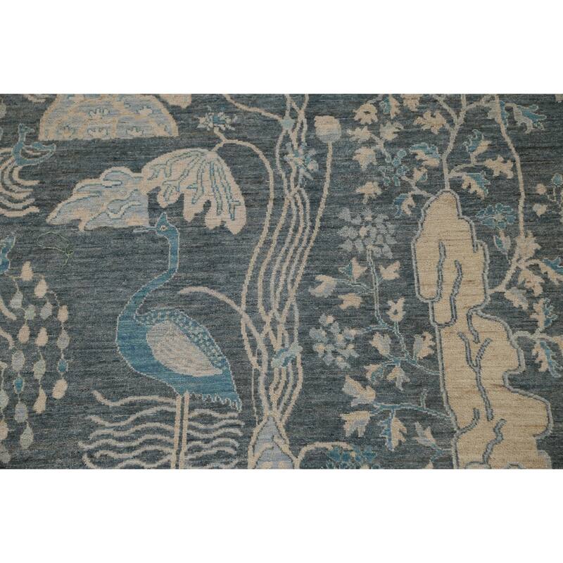 Hand Knotted Oriental 100% Wool Carpet Traditional Floral Greys & Charcoal Art Deco Area Rug - 14' 0'' X 9' 10''