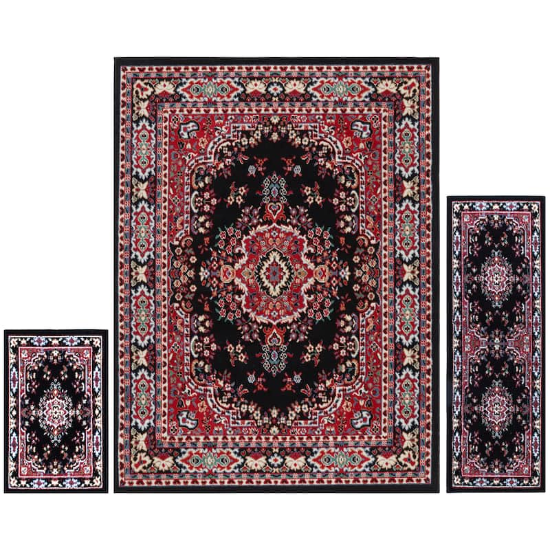 Home Dynamix Ariana Collection Traditional 3-Piece Area Rug (4'11"x6'11", 1'8"x4'11", 1'8"x2'8") - 5' x 7' - Black - Rectangle