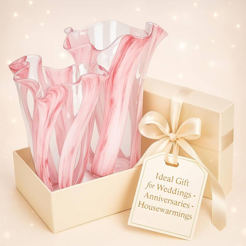 Pink Striped Handblown Glass Set of Two Scalloped Edge Vases