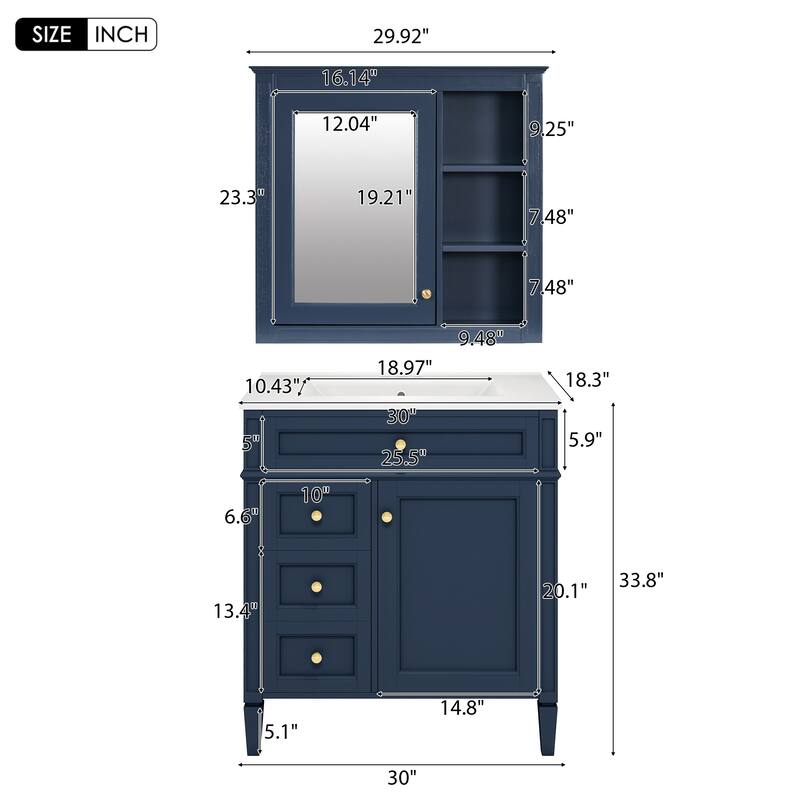 Roomfitters 30 Inch Bathroom Vanity with Sink and Mirror, Modern Storage Cabinet with 2 Drawers and Tip Out Drawer