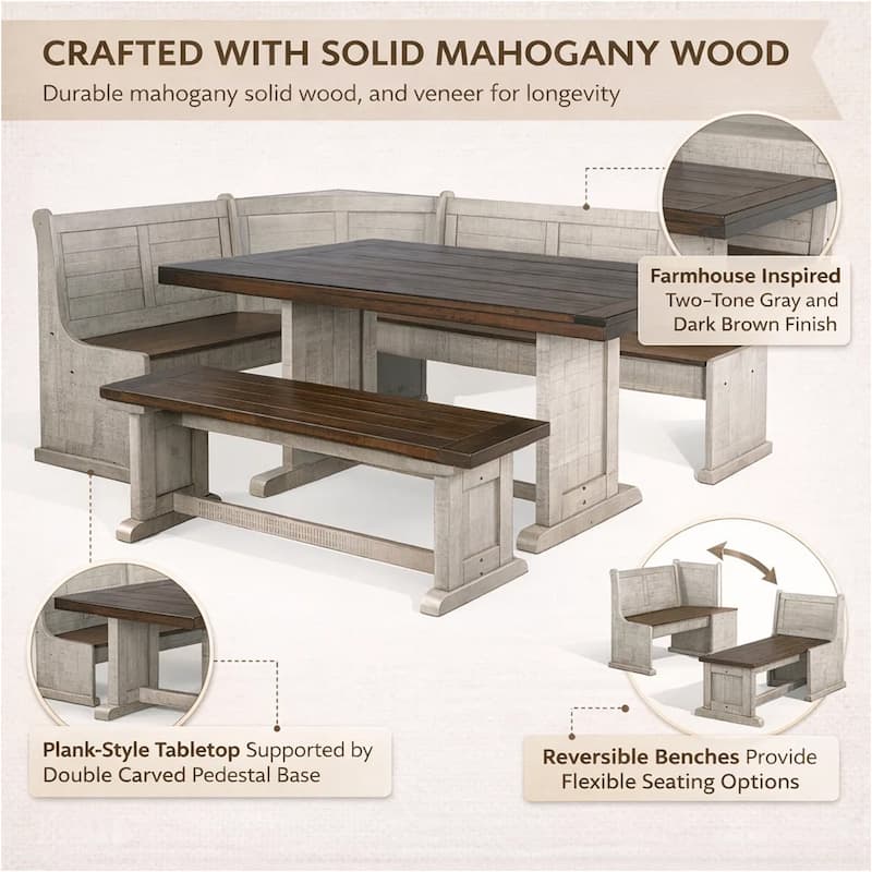 Camie 4pc Corner Breakfast Nook Set, Gray Brown Dining Table and Bench