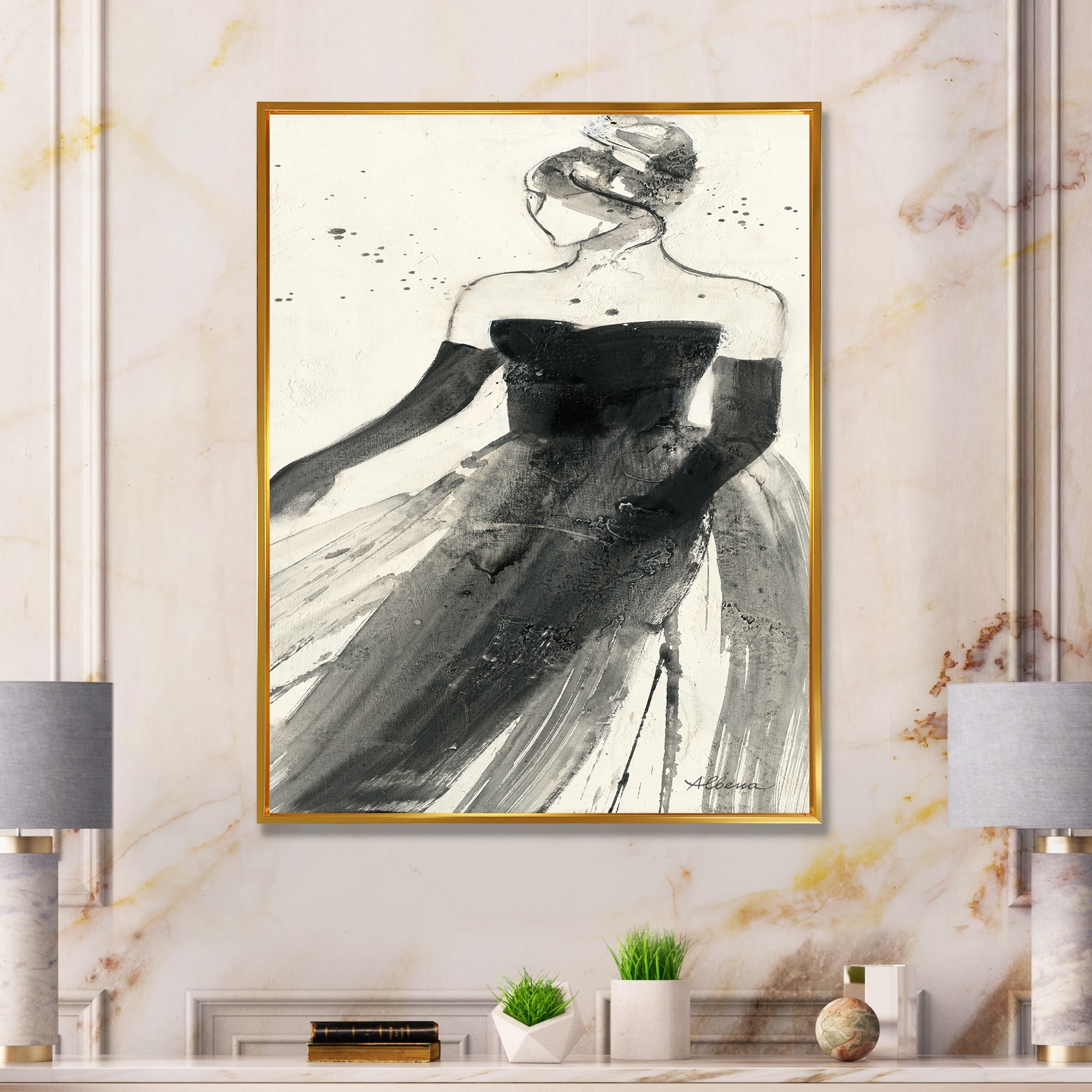 Designart "Glam Dancing II" Fashion Figures Framed Canvas - Black