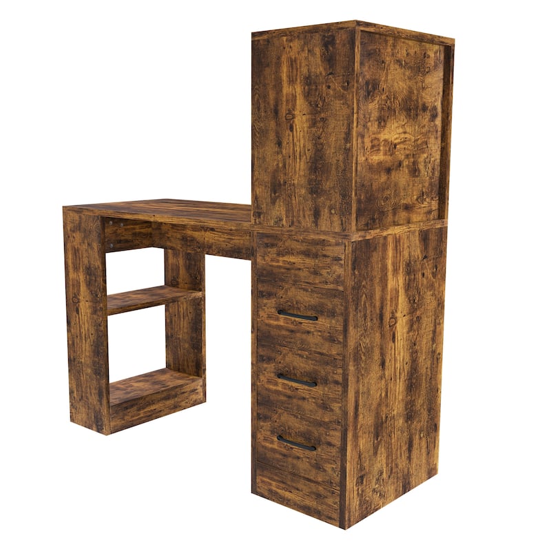Computer Desk with 4-in-1 Socket & 3 Drawers, 4-Tier Storage Shelves, Carbonized Wood Finish Laminate for Home Office, Study