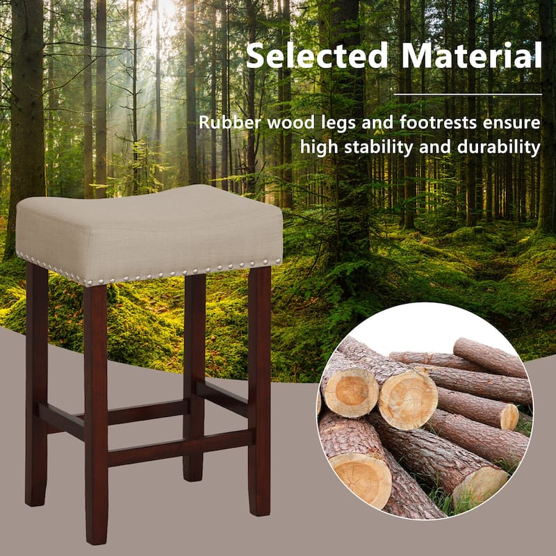 Set of 2 Backless Saddle Bar Stools with Linen Cushions and Rubber Wood Legs for Counter - 17" x 13" x 24" (L x W x H)
