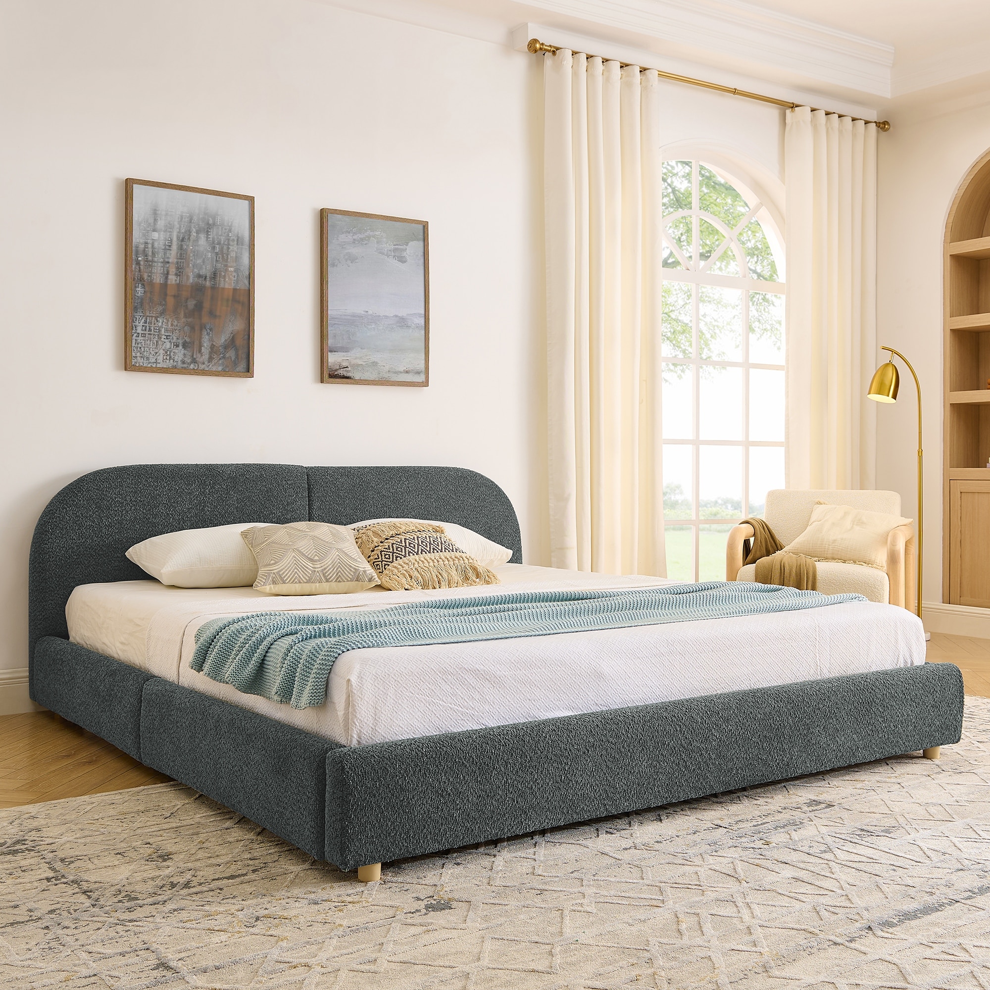 Fabric Upholstered Platform Bed Frame with Curved Headboard/4 Built-in Wheeled Storage Drawers/Sturdy Legs Support/Easy Assembly