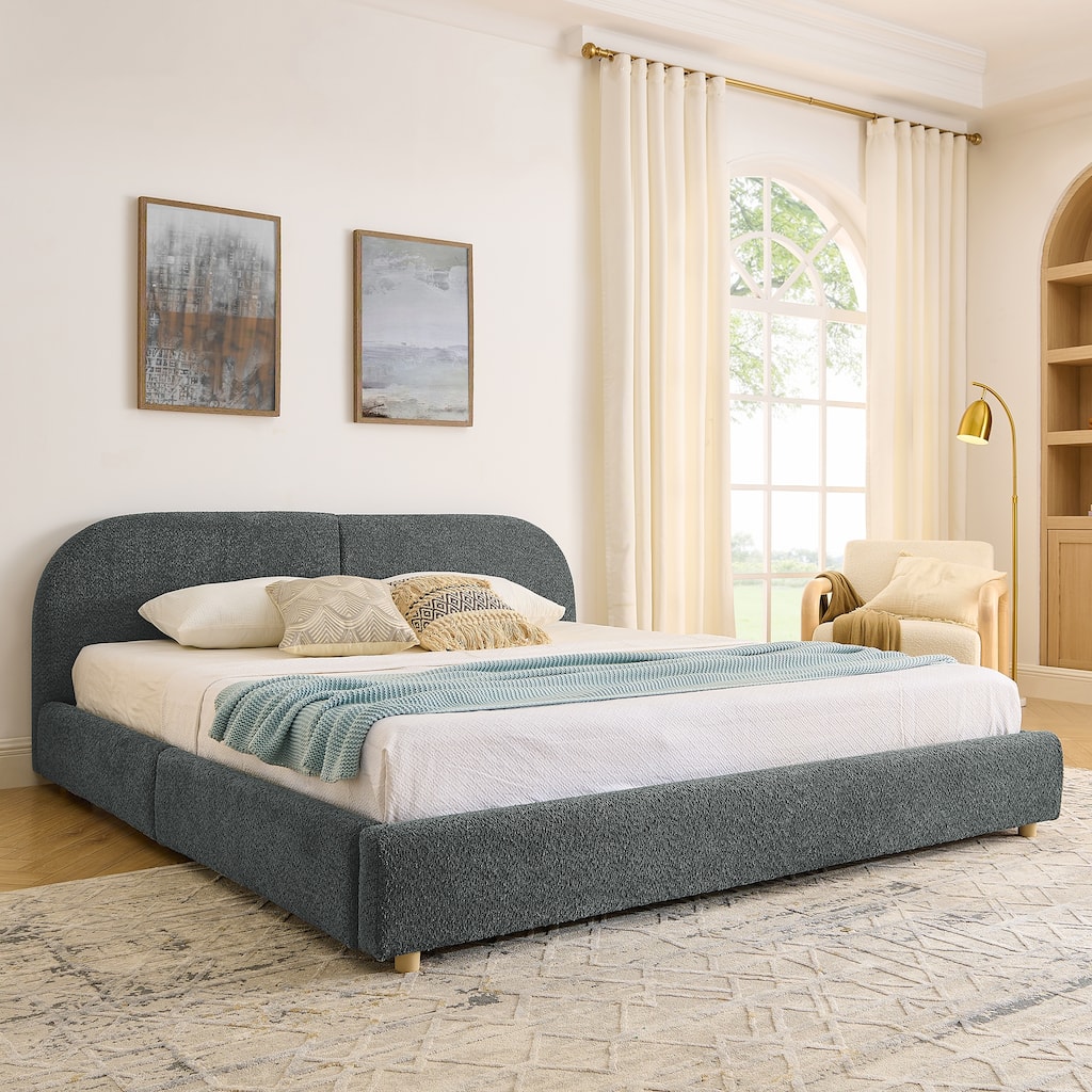 Roomfitters King Size Modern Upholstered Bed Frame with 4 Storage Drawers and Curved Headboard Platform Bed Base