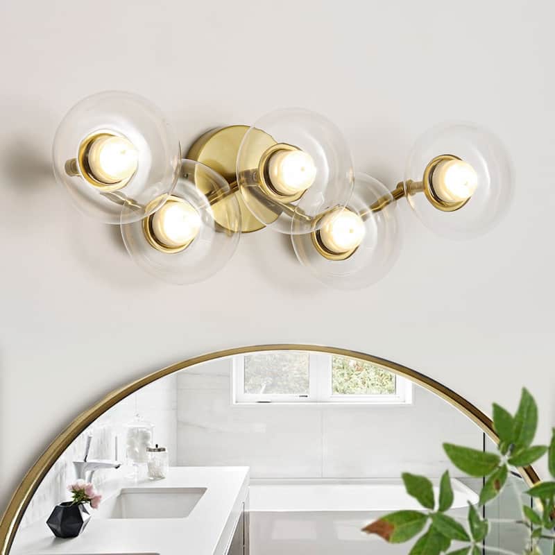 20.9" 5-Light Modern Gold Integrated LED Bathroom Vanity Light/Semi-Flush Mount Light with Clear Oval Glass Shades