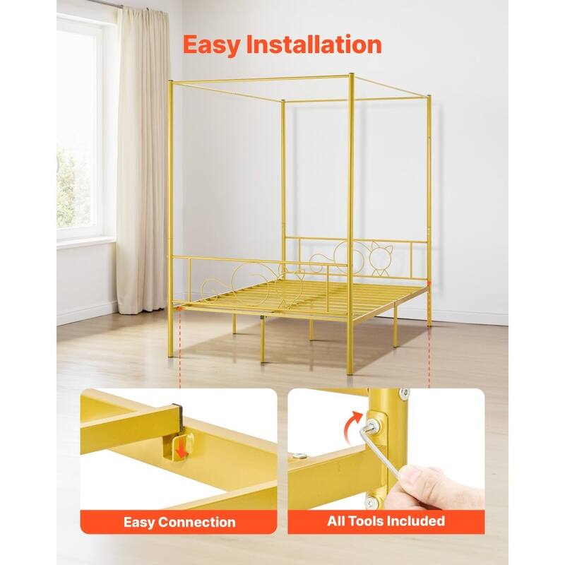 Gold Metal Full Canopy Bed Frame with Storage and DIY Decoration Rails
