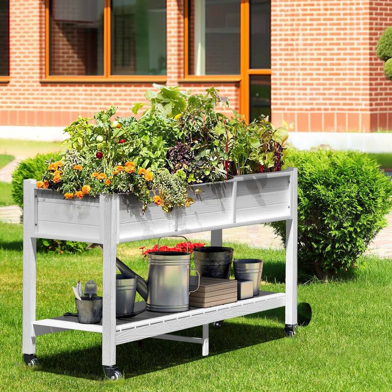 Moasis 2-Tier Outdoor Raised Garden Bed Planter Box Wood Mobile Elevated Stand With Lockable Wheel and Legs