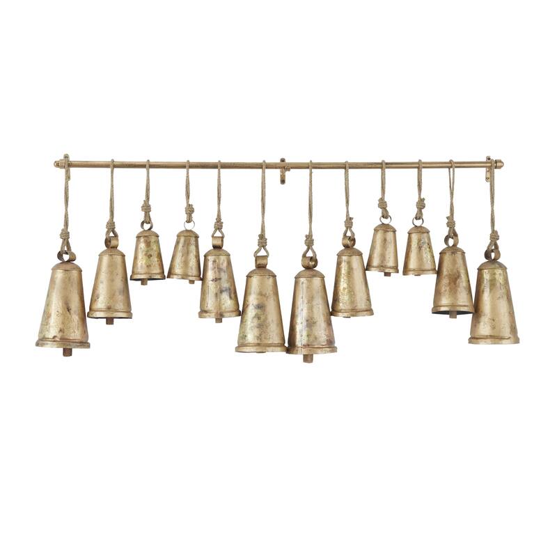 Bronze Metal Tibetan Inspired Indoor Outdoor Decorative Cow Bells with 12 Bells on Jute Hanging Rope and Metal Rod
