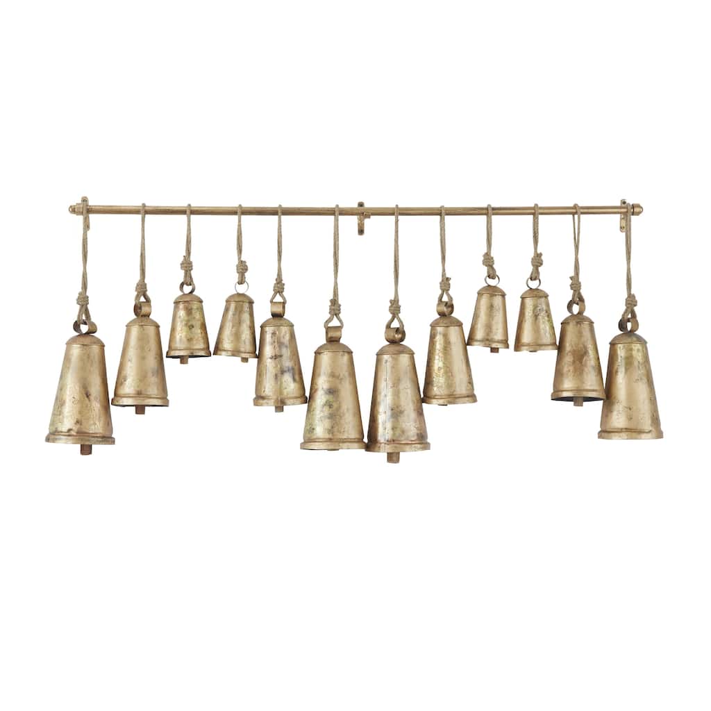 Metal Tibetan Inspired Decorative Cow Bells with 12 Bells on Jute Hanging Rope and Metal Rod - Bronze - Roche River Decor