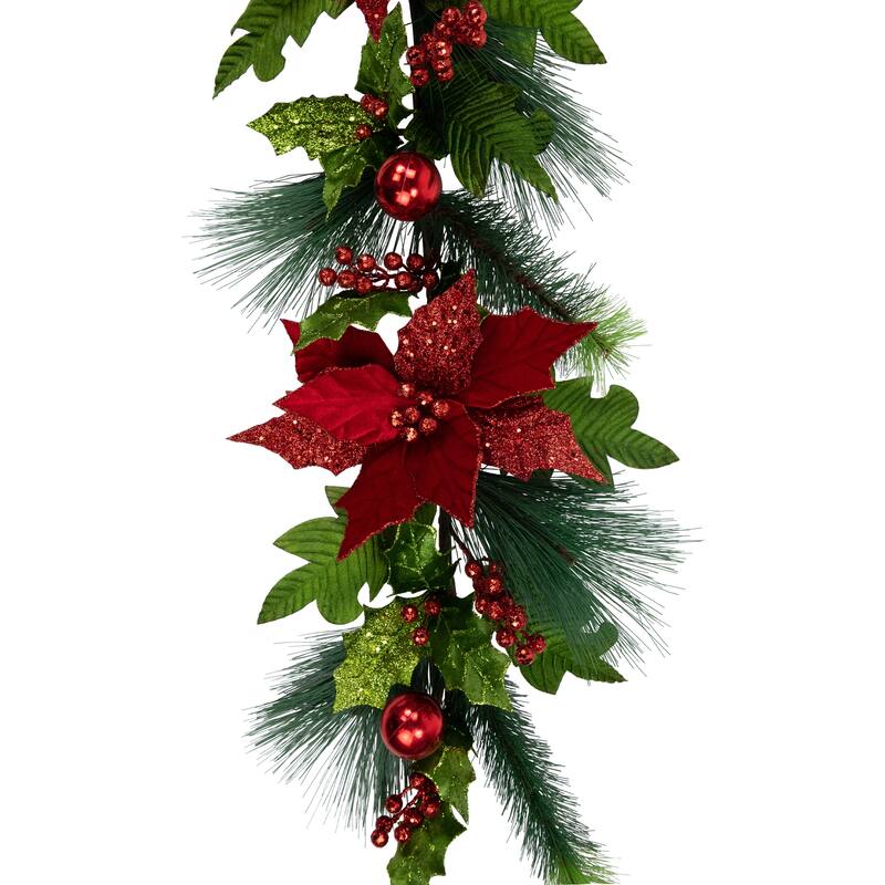 48" Glittered Red Poinsettia and Long Pine Christmas Swag Unlit