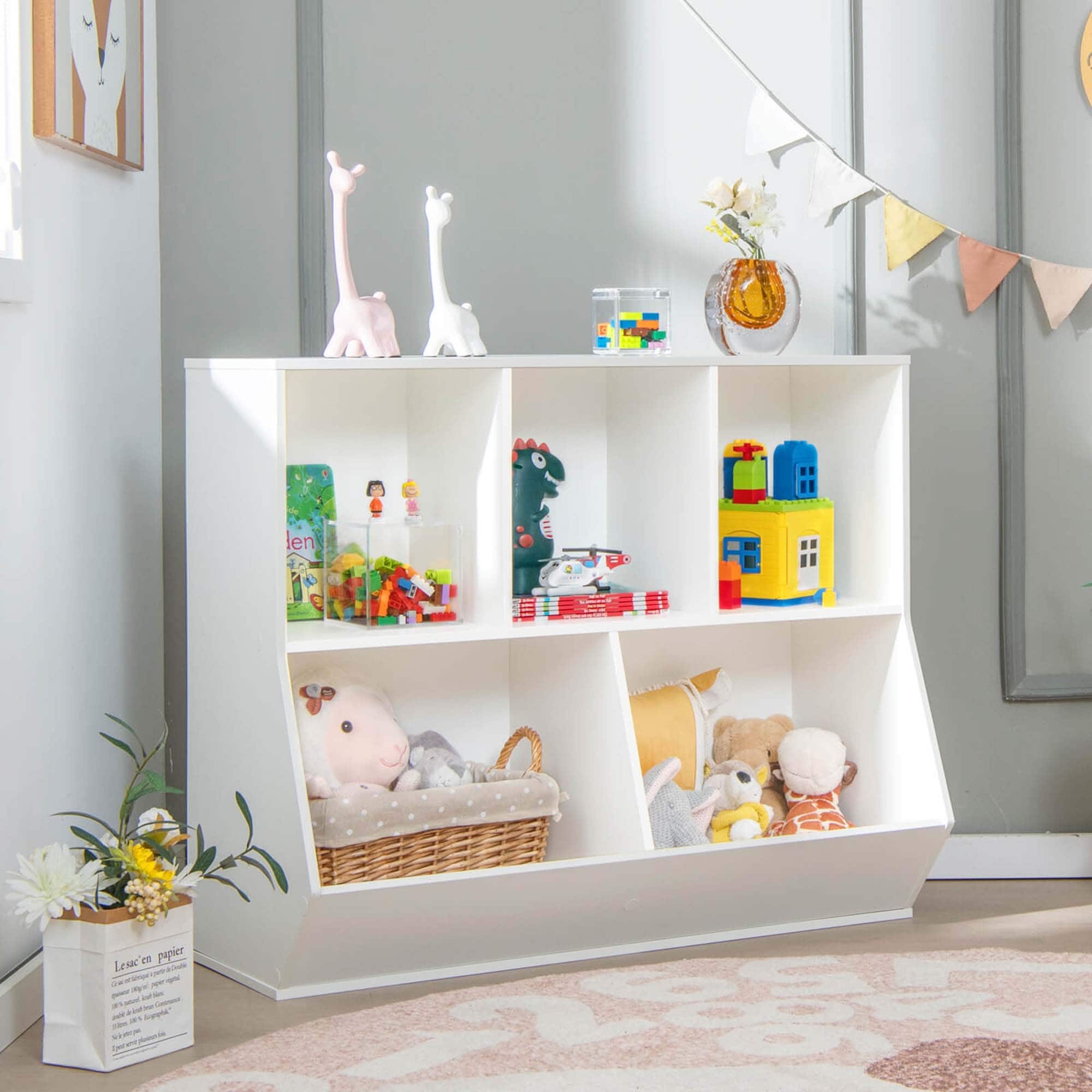 Costway 5-Cubby Kids Toy Storage Organizer Wooden Bookshelf