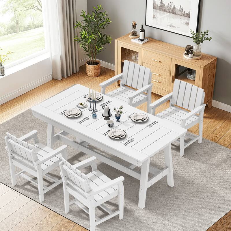 HDPE Patio Dining Set with Rectangular 67.91in L Table with Umbrella Hole and 4 Chairs - N/A