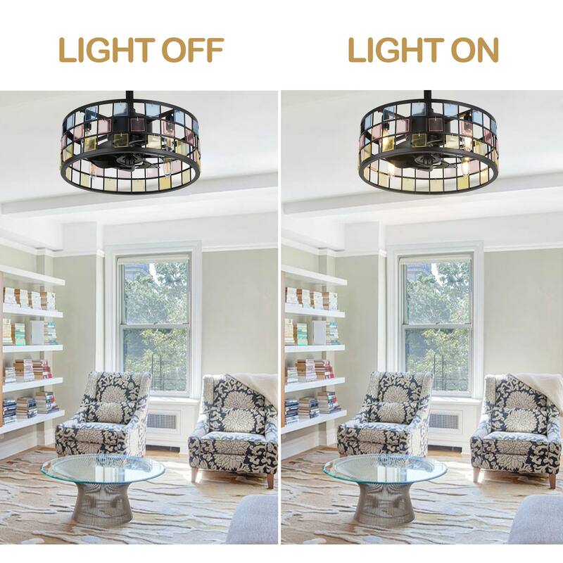 Oaks Aura Coronel 18in. DIY Tiffany Stained Glass Modern Ceiling Fan with Lights, Industrial 3-Speed Caged Ceiling Fan w/Remote