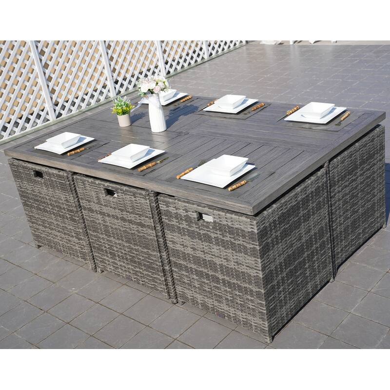 11-Piece Patio Wicker Aluminum Dining Table Set w/ Chairs and Ottomans
