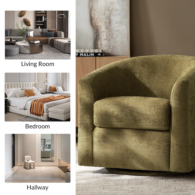 Cuenca Modern Living Room Wooden Upholstered 360° Swivel Barrel Chair with Metal Base and Wide Backrest