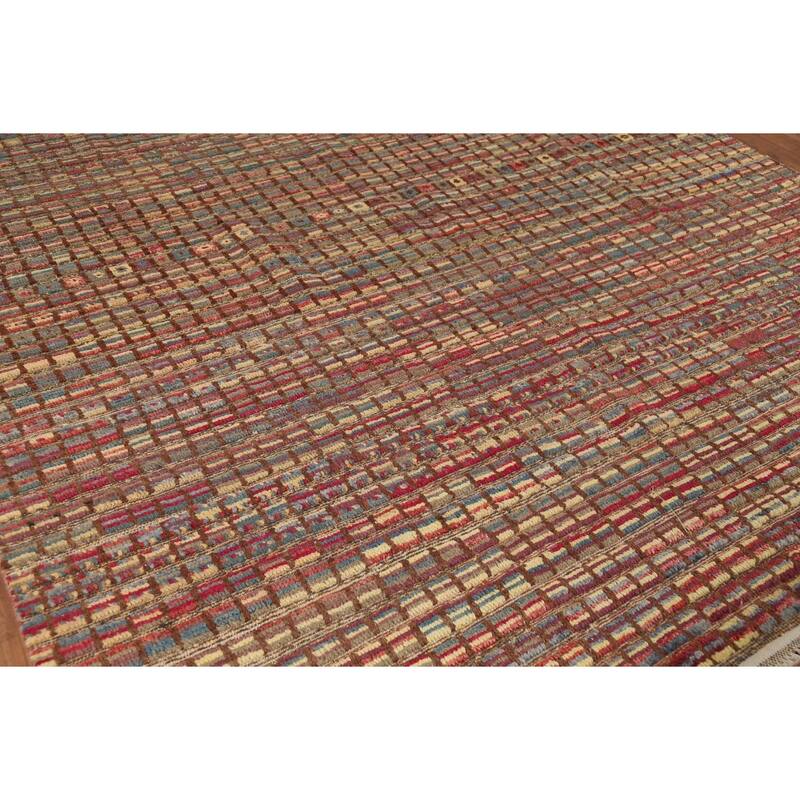 All-Over Checkered Moroccan Modern Area Rug Hand-Knotted Wool Carpet - 7'10"x 10'2"