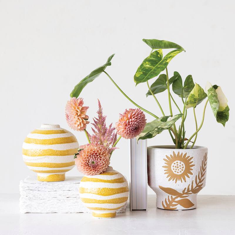 Striped Stoneware Vase with Sphere Footed Base