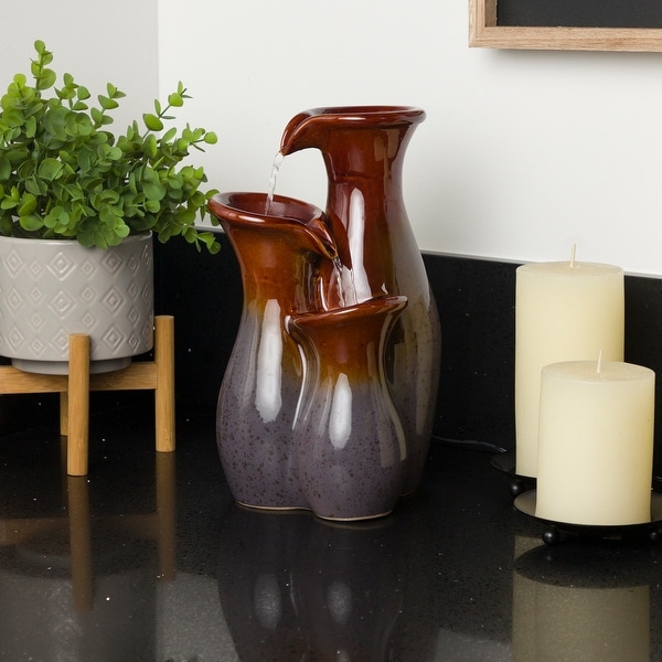 Alpine Corporation 11"H Indoor Tiered Glossy Ceramic Vase Tabletop Fountain, Brown/Gray