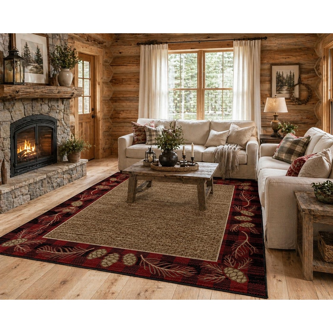 American Destination Abbeville Red Plaid Pinecone Lodge Area Rug