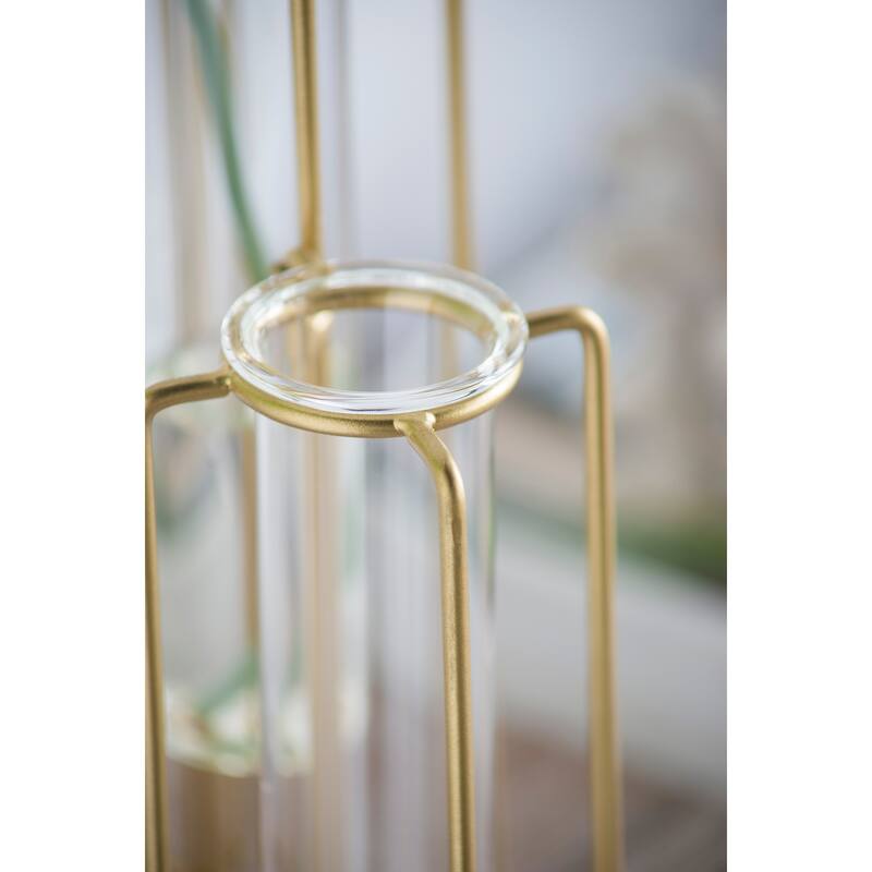 Rossetta Oversized Minimalist Lines Industrial Intrigue 3-Bottle Pedestal Beaker Vase with Metal Frame