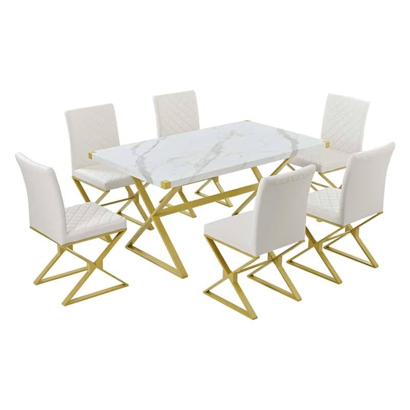 Modern White 7Piece Dining Set with Marble Texture Table, PU Leather