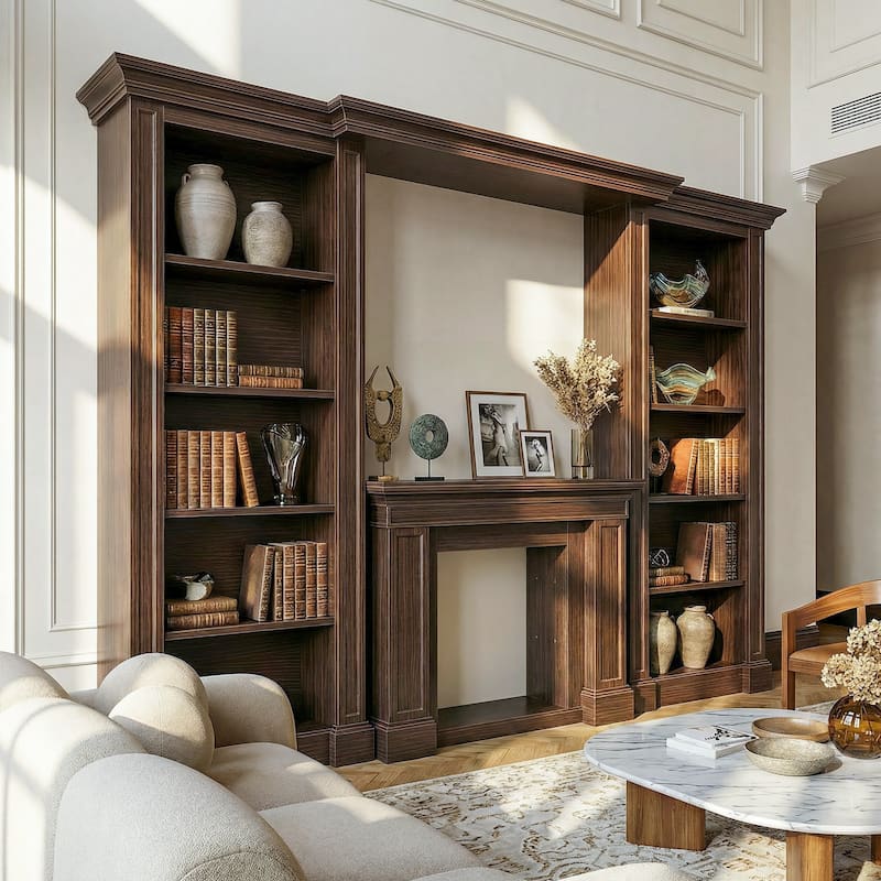 Electric Fireplace Mantel with Bookshelves, 115.5" Entertainment Center with Built-in Shelving