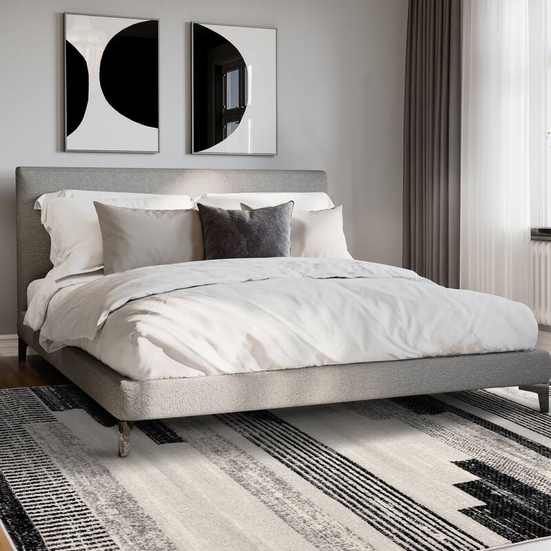 Soft Low-Pile Black White Patterned Lines Area Rug