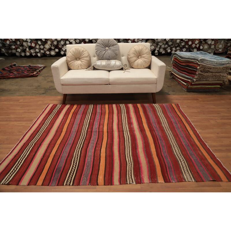 Hand Woven Oriental 100% Wool Carpet Southwestern Tribal Red Kilim Area Rug - 6' 8'' X 5' 2''