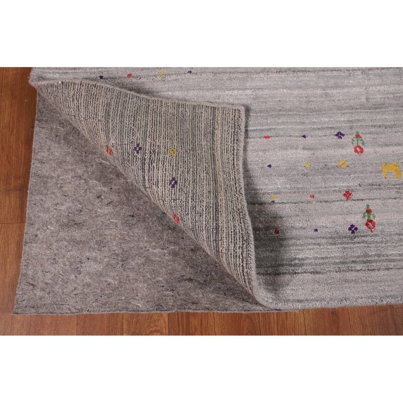 Gray & Green Striped Gabbeh Oriental Area Rug Handmade Silk Carpet - 5'2" x 7'10"