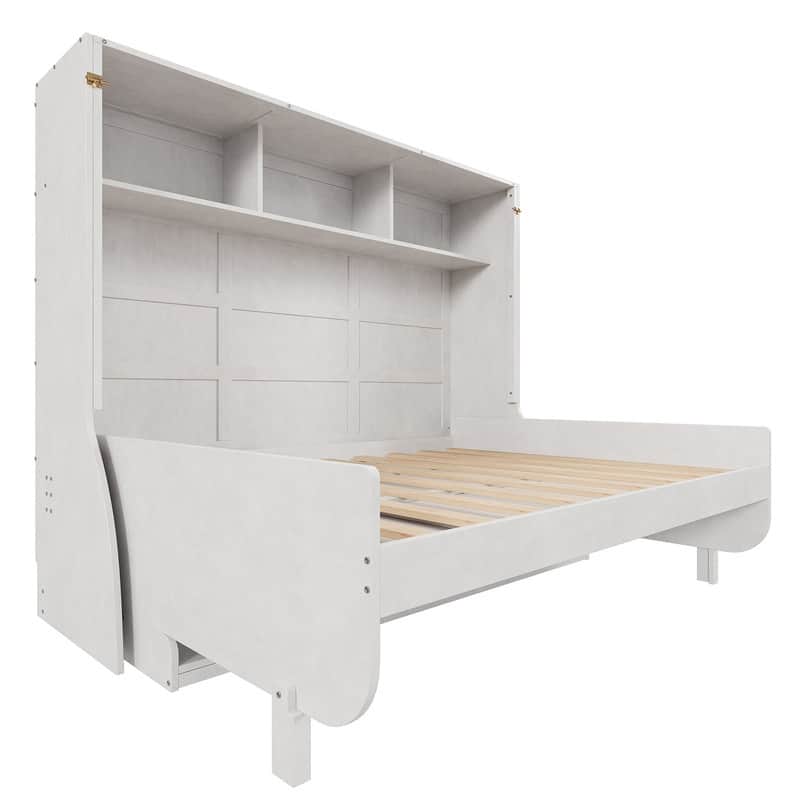Full Size Murphy Bed with a Desk and Storage Shelves, Wooden Wall Bed Murphy Cabinet Bed with Top Cabinet, Space Saving Design