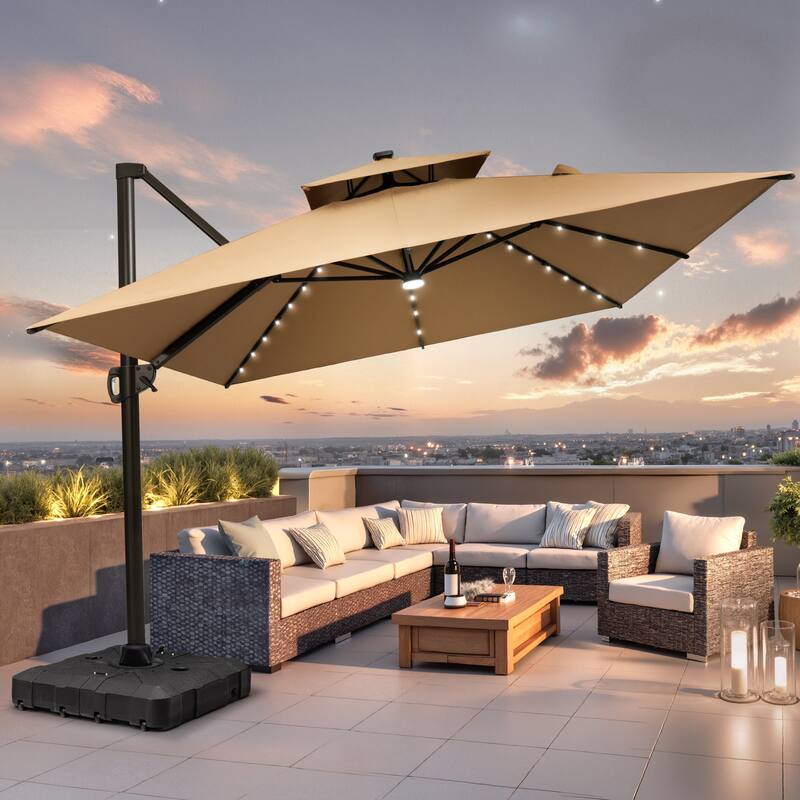 9 X 11 FT Outdoor Patio Cantilever Umbrella with Solar Lights All-Weather Wheeled Base Double Canopy 360 Rotation Tilt - Tan