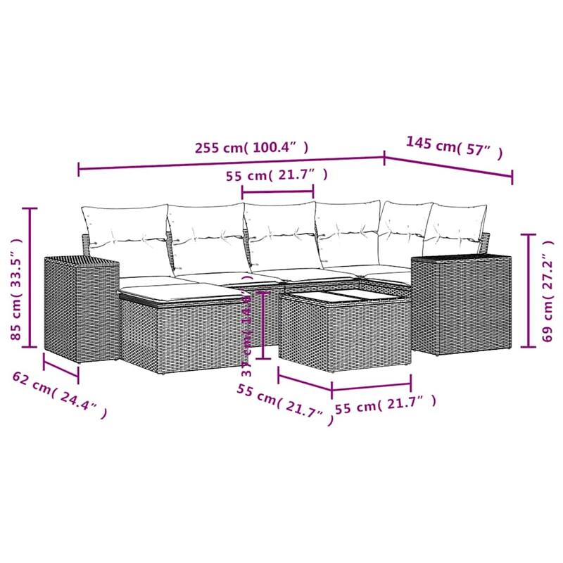 vidaXL 6/7 Piece Patio Sofa Set with Cushions Black/Brown/Gray Poly Rattan - 24.4 x 24.4 x 27.2