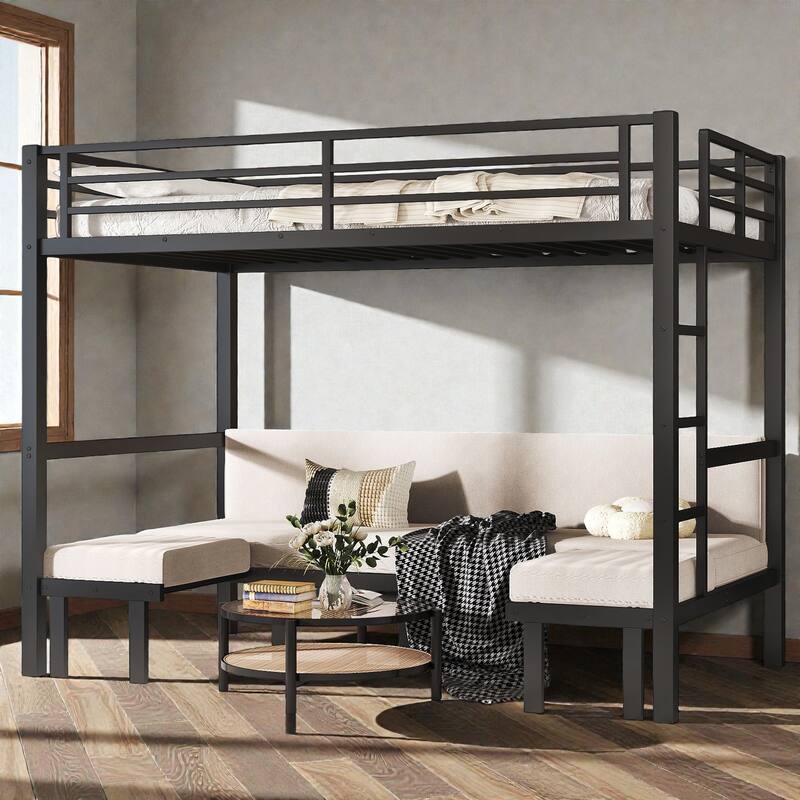 Twin XL Over Twin XL Metal Bunk Bed with Pull-Out Trundle, Convertible 3-Section Lower Bed, Safety Guardrails