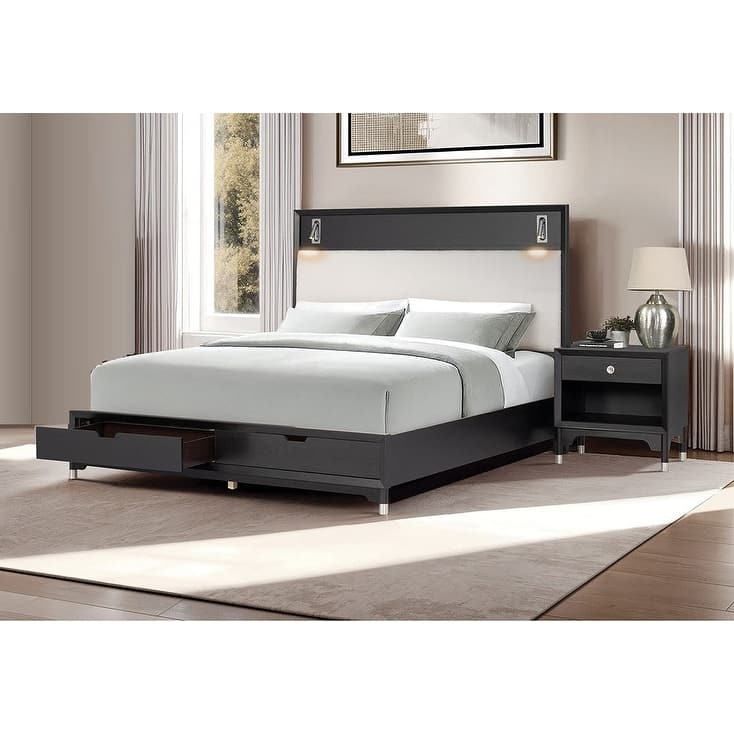 Mid-Century Modern Black Finish Bedroom Set with Boucle Headboard