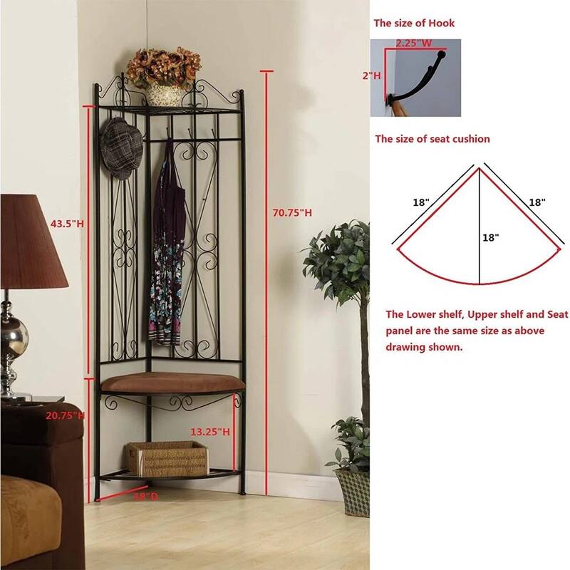 Black Metal Scrolling Corner Hall Tree Coat Rack Storage Bench - Multi