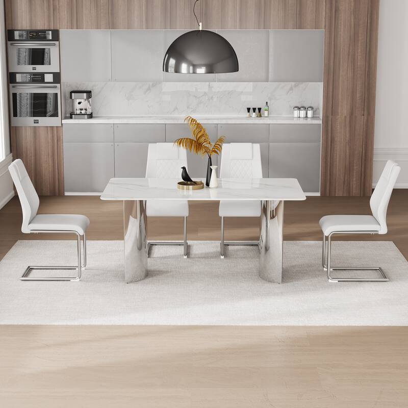 Kitchen Rectangle Dining Table Set for 4, 63" Faux Marble Glass Table with Stainless Steel Legs and PU Upholstered Chairs