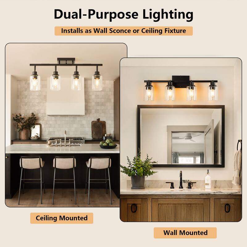 4-Lights Track Lighting Fixtures Ceiling with Clear Glass Shades, Modern Black Semi Flush Mount Ceiling Light(Bulb Not Included)