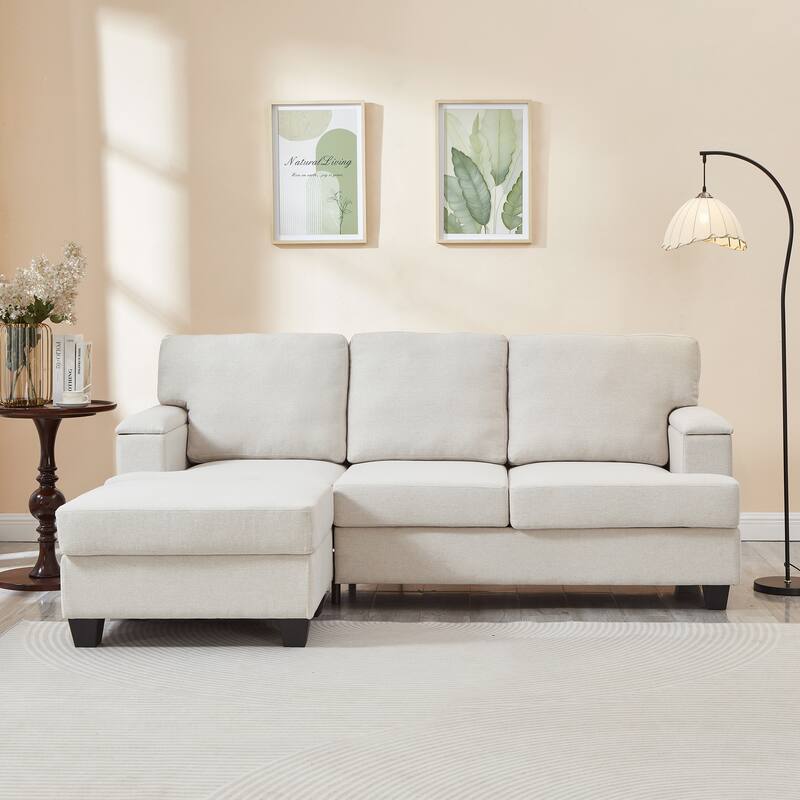 L Shaped 3 Seats Sofa with Armrest Organizer, Linen Sectional Sofa with Movable Ottoman, Comfy Upholstered 3 Seater Couch, - Beige